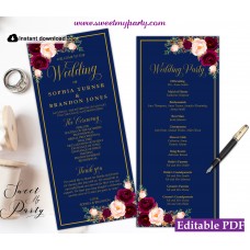 Navy Burgundy Wedding Program tea length template,Navy Wedding Order of Service template, (147w)